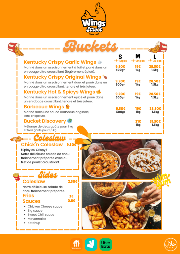 Bucket poulet frit, chicken wings, bbq chicken, tenders, nuggets, wingsstreet menu bruxelles